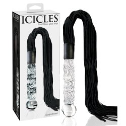 Icicles No. 38 - bőr korbácsos üveg dildó (áttetsző-fekete)